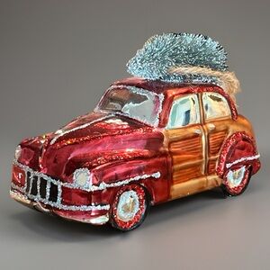 POTTERY BARN Glass WOODIE CAR with Bottle Brush TREE Christmas ORNAMENT